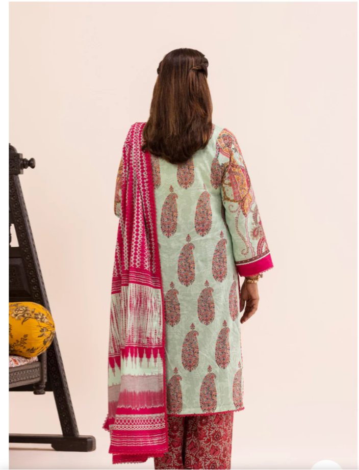 Mint green+ Hot pink paisley lawn 3 piece